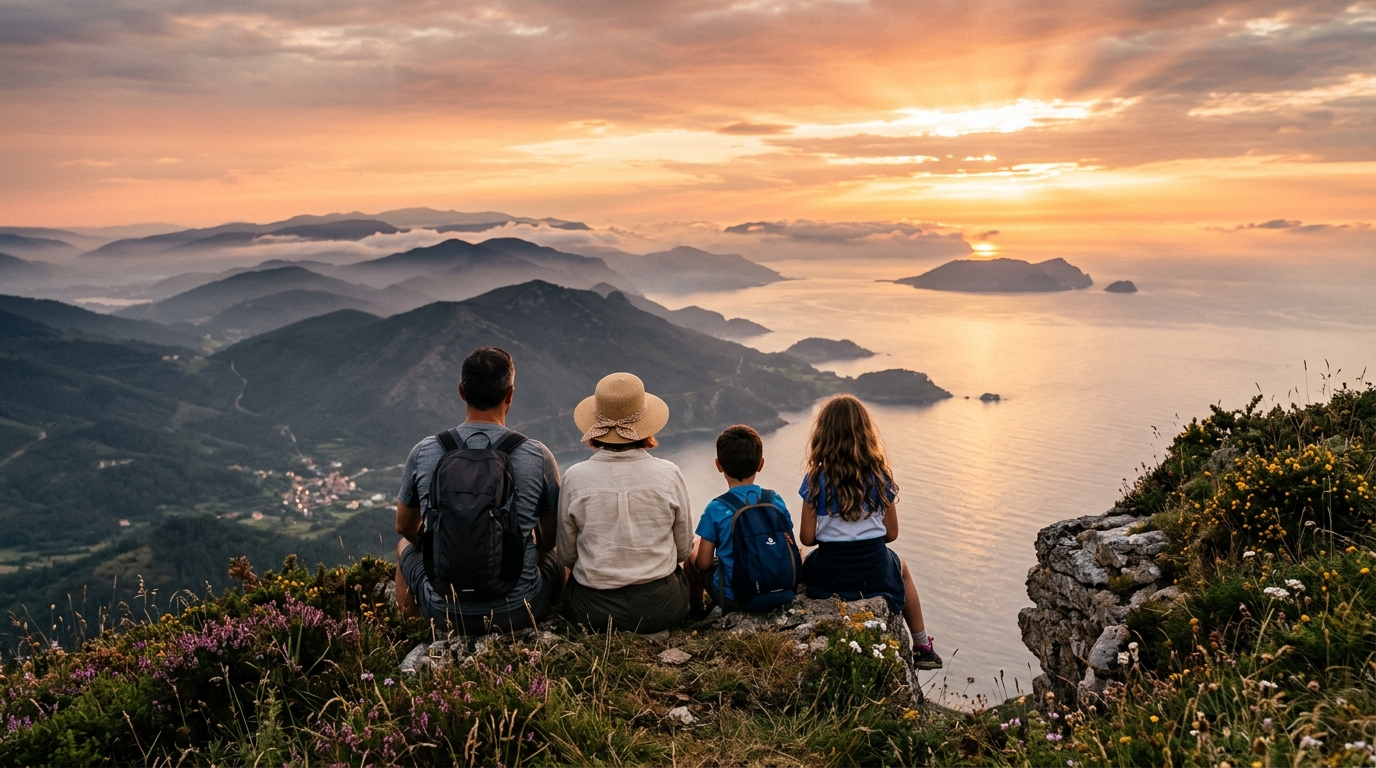 Family sitting together on a mountain cliff overlooking a golden sunrise and misty sea