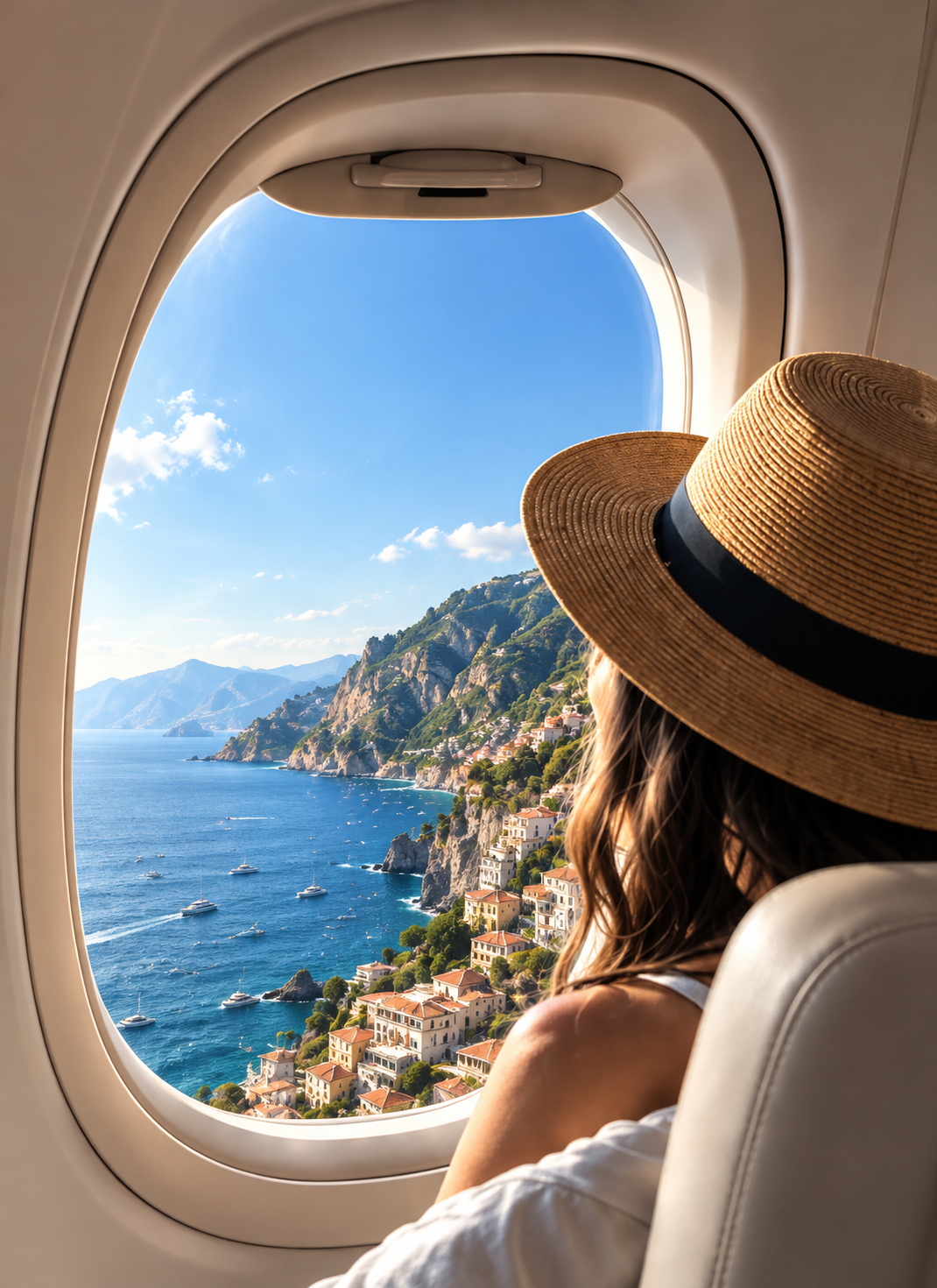Traveler looking through an airplane window at a coastal town and blue sea