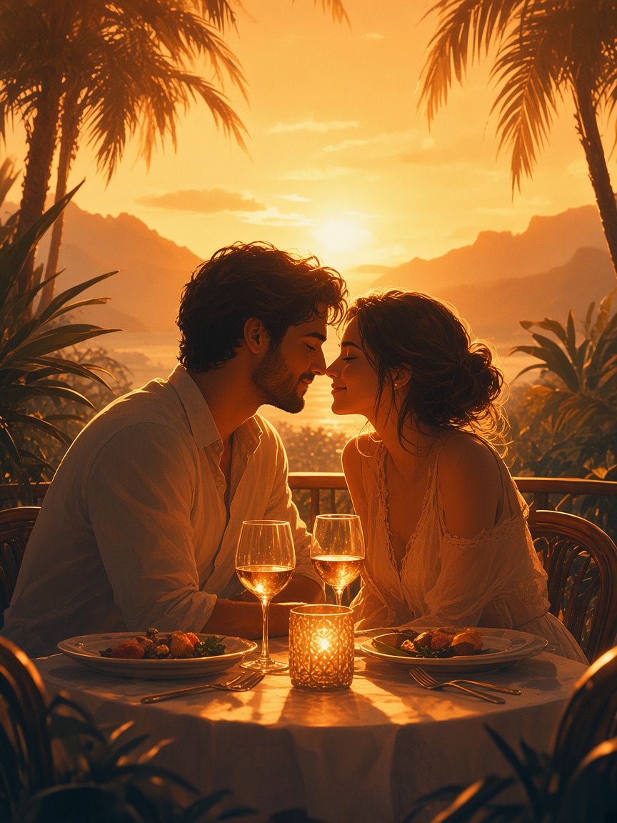 Sunset dinner table with glasses under palm trees