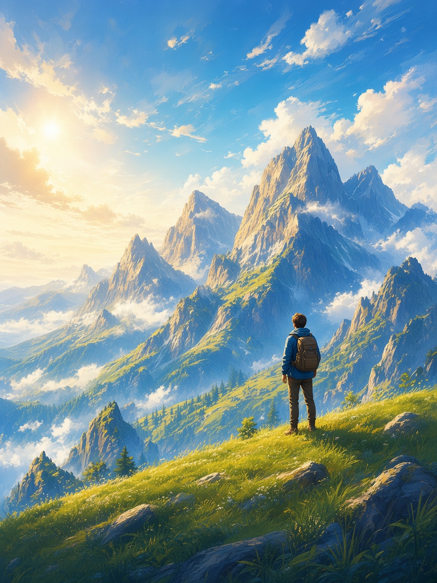 Traveler overlooking a mountain range