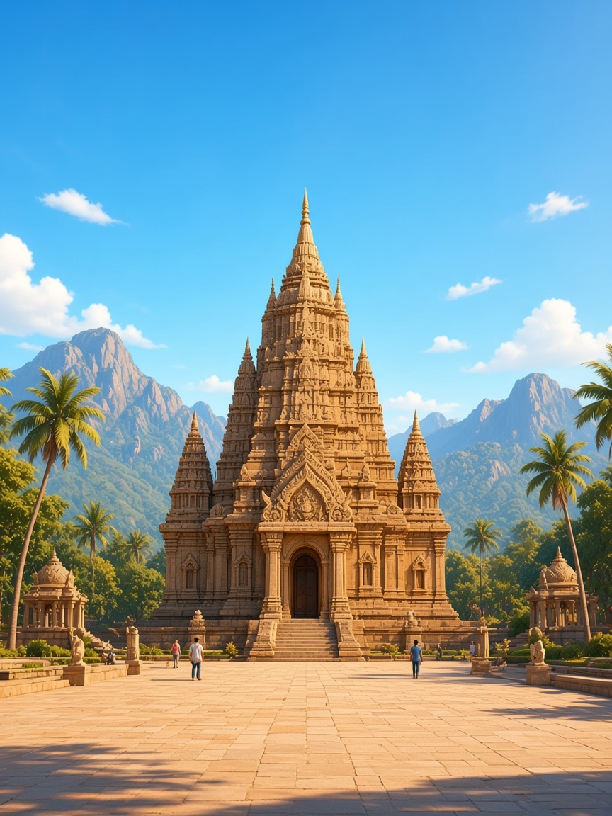Ornate sunlit temple with a tall spire