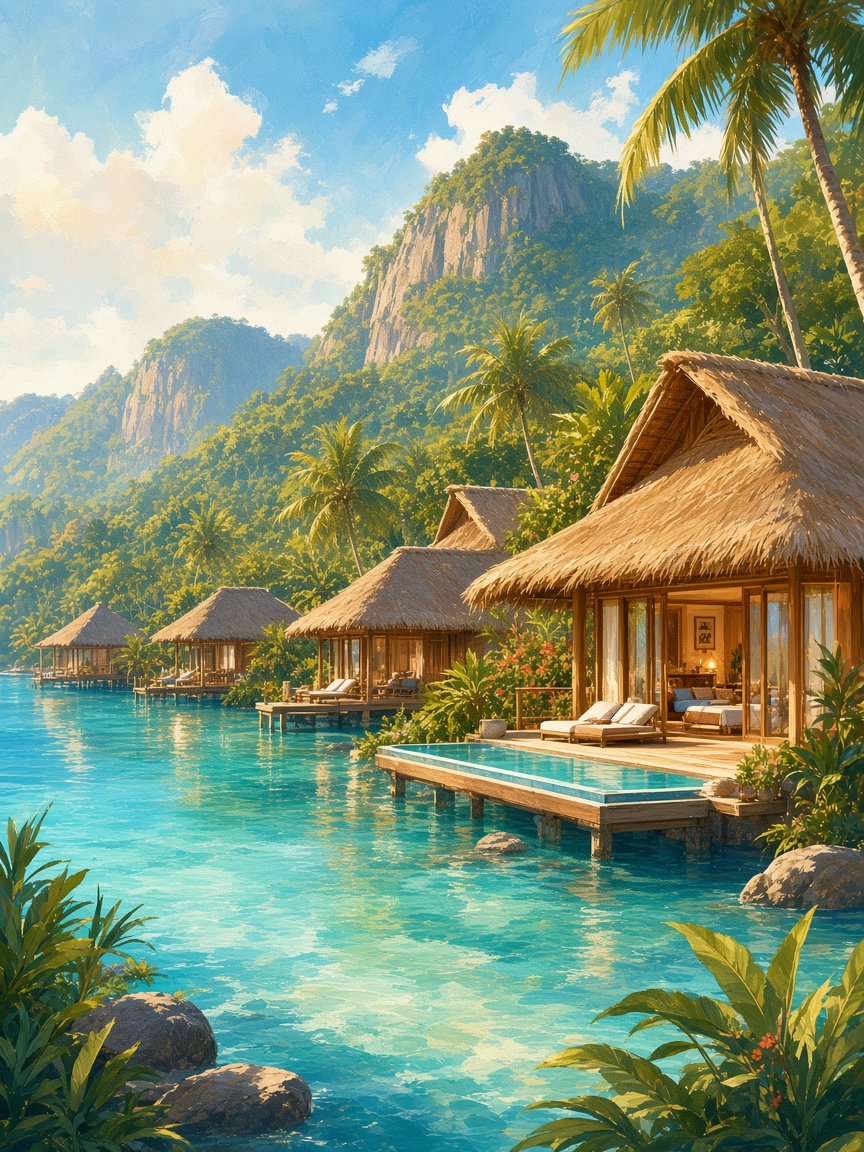 Tropical luxury villas beside turquoise water