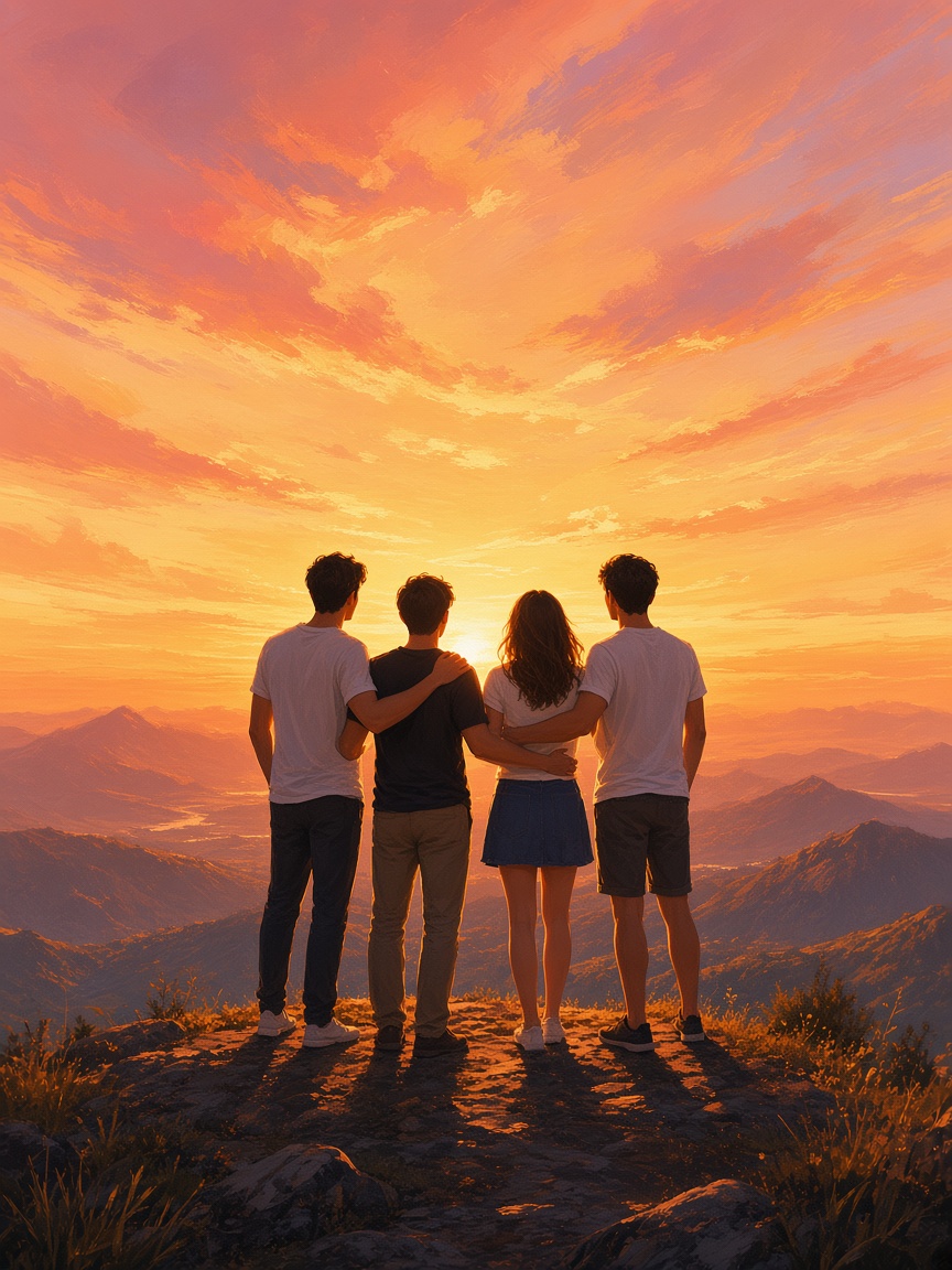 Four friends standing together watching a sunset