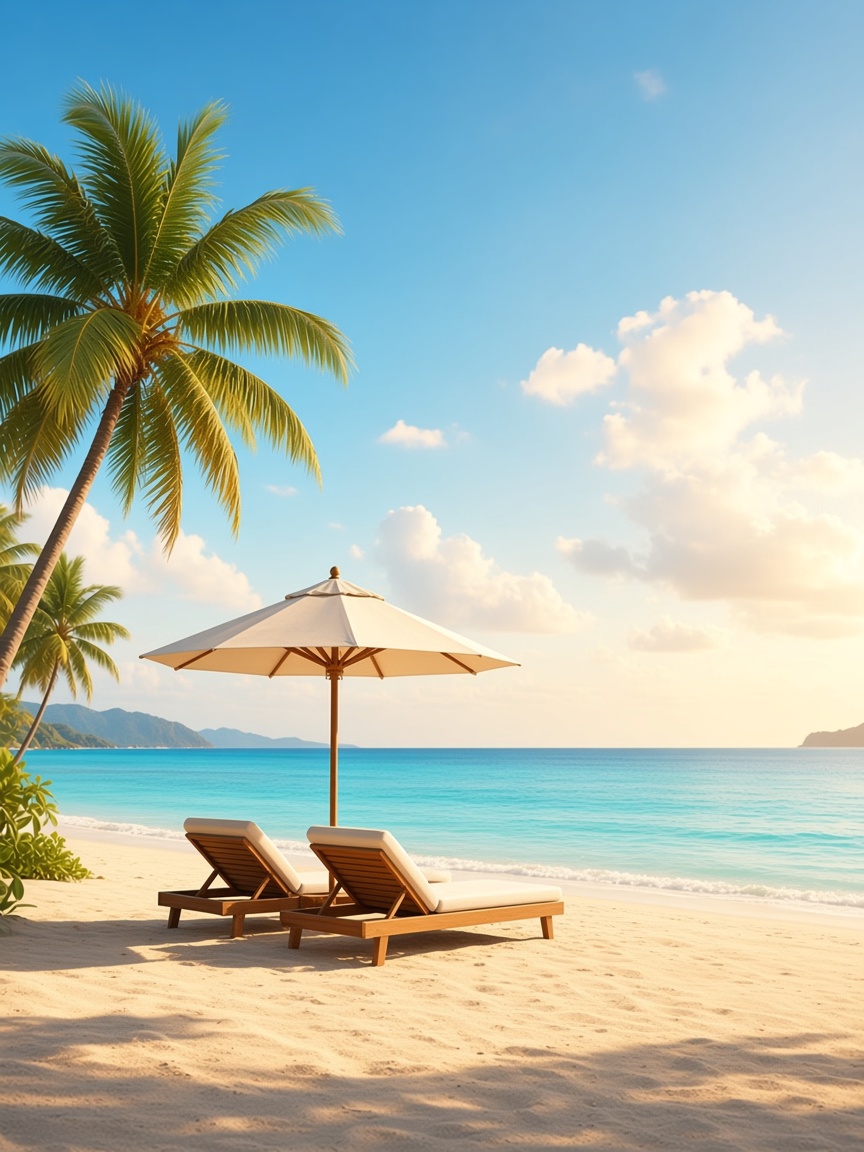 Tropical beach with lounge chairs and a white umbrella